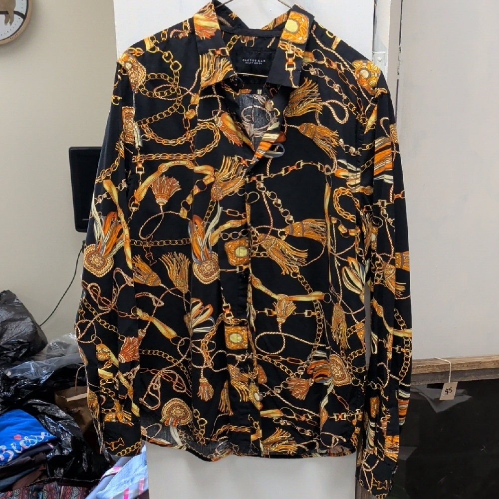 Designer Men's Black and Gold Chain Pattern Shirt